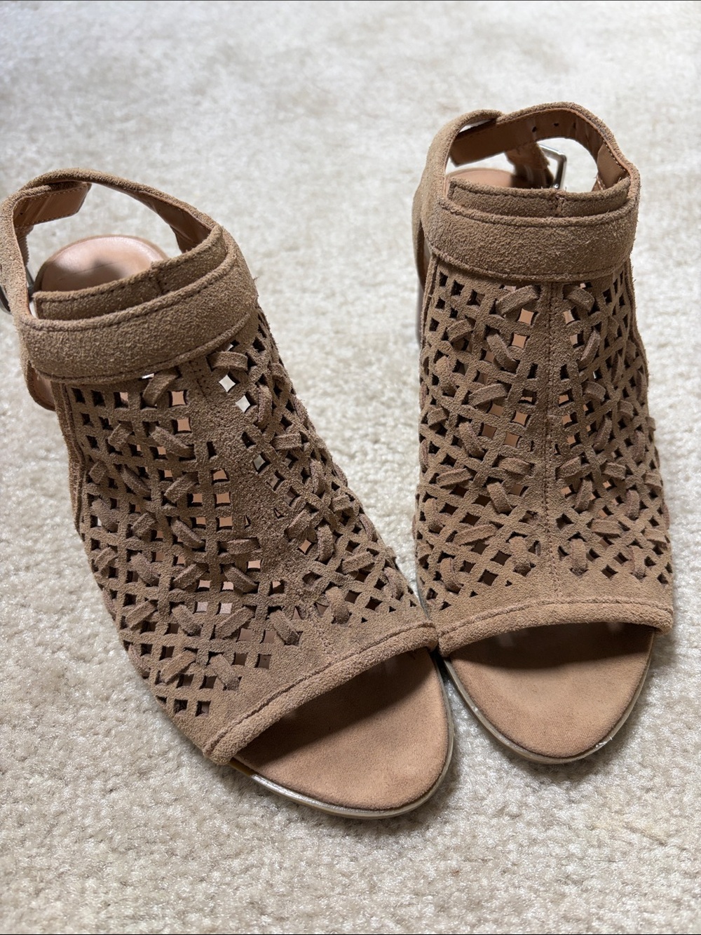 Franco Sarto Tan Suede Laser-Cut Peep Toe Heels